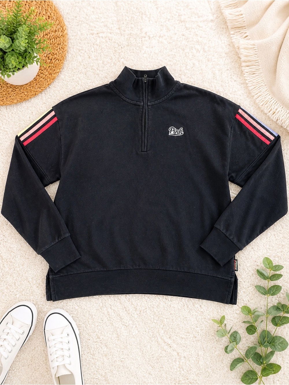 PINK VS Black Quarter Zip Sweatshirt M Stripe Sleeve